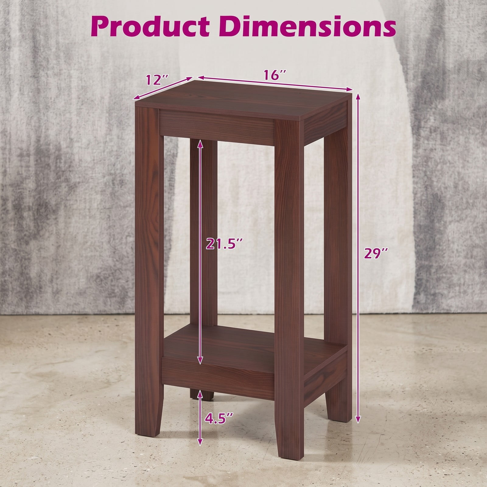 Furnibear Tall Wooden Sofa End Table 2-Tier Side Table with Storage Shelf and Sturdy Legs for Living Room Bedroom, Anti-Toppling Narrow Nightstand Accent Table, Brown