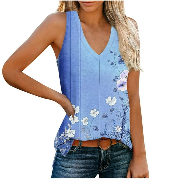 Atogsazn Womens Summer Tank Tops 2025 V Neck Sleeveless Casual Loose T Shirts Side Split Going Out Tops Tunic Blue XXL