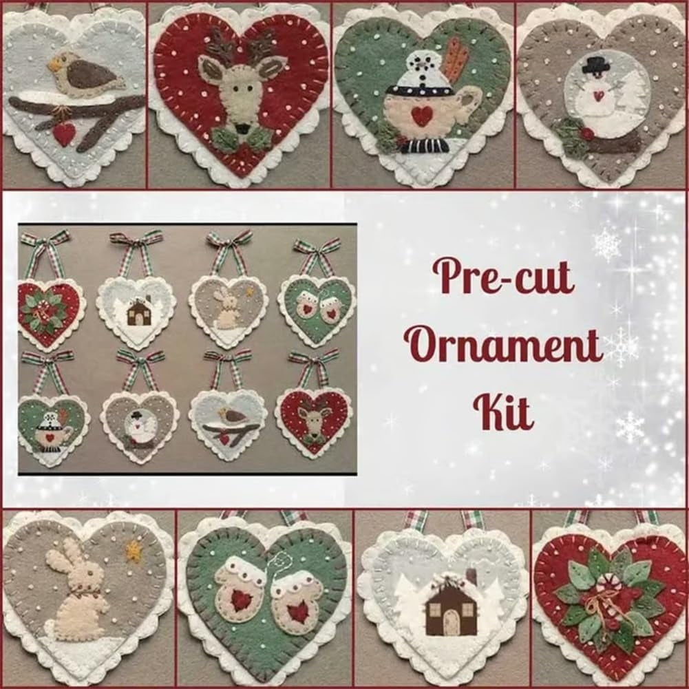 Pre-Cut Wool Blend Felt Holiday Hearts Ornament Kit, Christmas Craft Fabric Sewing Kits, Handmade Felt Decoration, DIY Crafting Supplies for Xmas Party（Material Kit, DIY Assembly Required）(4 set)