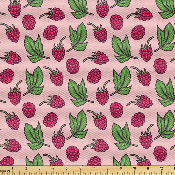 Ambesonne Raspberry Fabric by the Yard Upholstery, Exotic Summer Garden Art, 5 Yards, Rose Magenta Lime Green