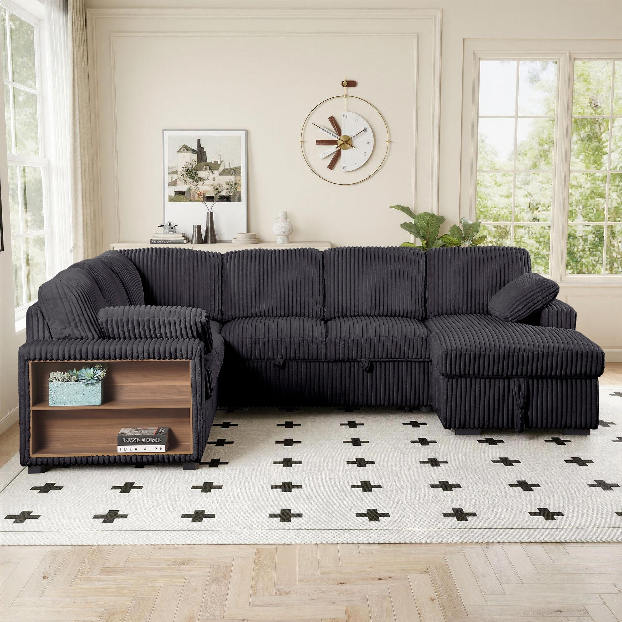 Gewnee 117 inch Sectional Sofa with Pull Out Bed,U-Shaped Modular Sectional with Storage,Cloud Couch for Living Room,Family Room & Apartment,Dark Grey