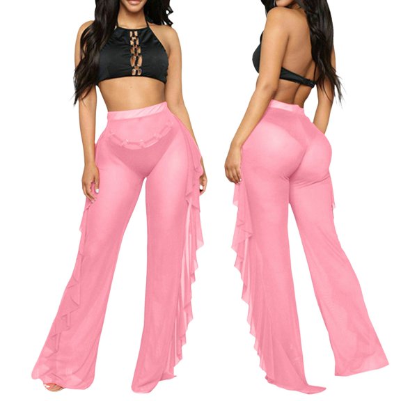 Glisme Casual Pants For Women Mesh Ruffle Trim Cover Up Pants Beach Cover Up Wrap Bikini Shiny Wraps Cover Ups For Swimwear Pants Pink Trousers Athletic Fit