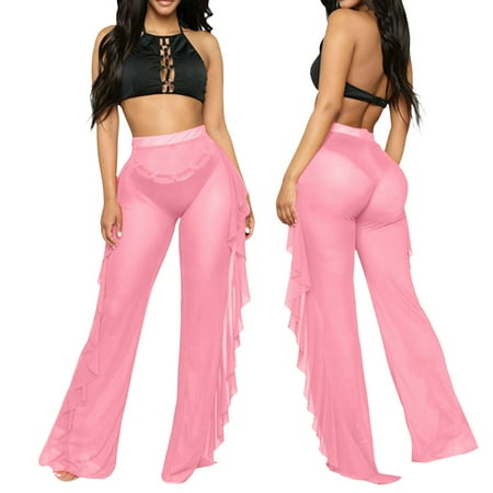 JIKNTTR Women Wide Leg Pants Women Mesh Ruffle Trim Cover Up Pants Beach Cover Up Wrap Bikini Shiny Wraps Cover Ups For Swimwear Pants Beach Flowy Pants