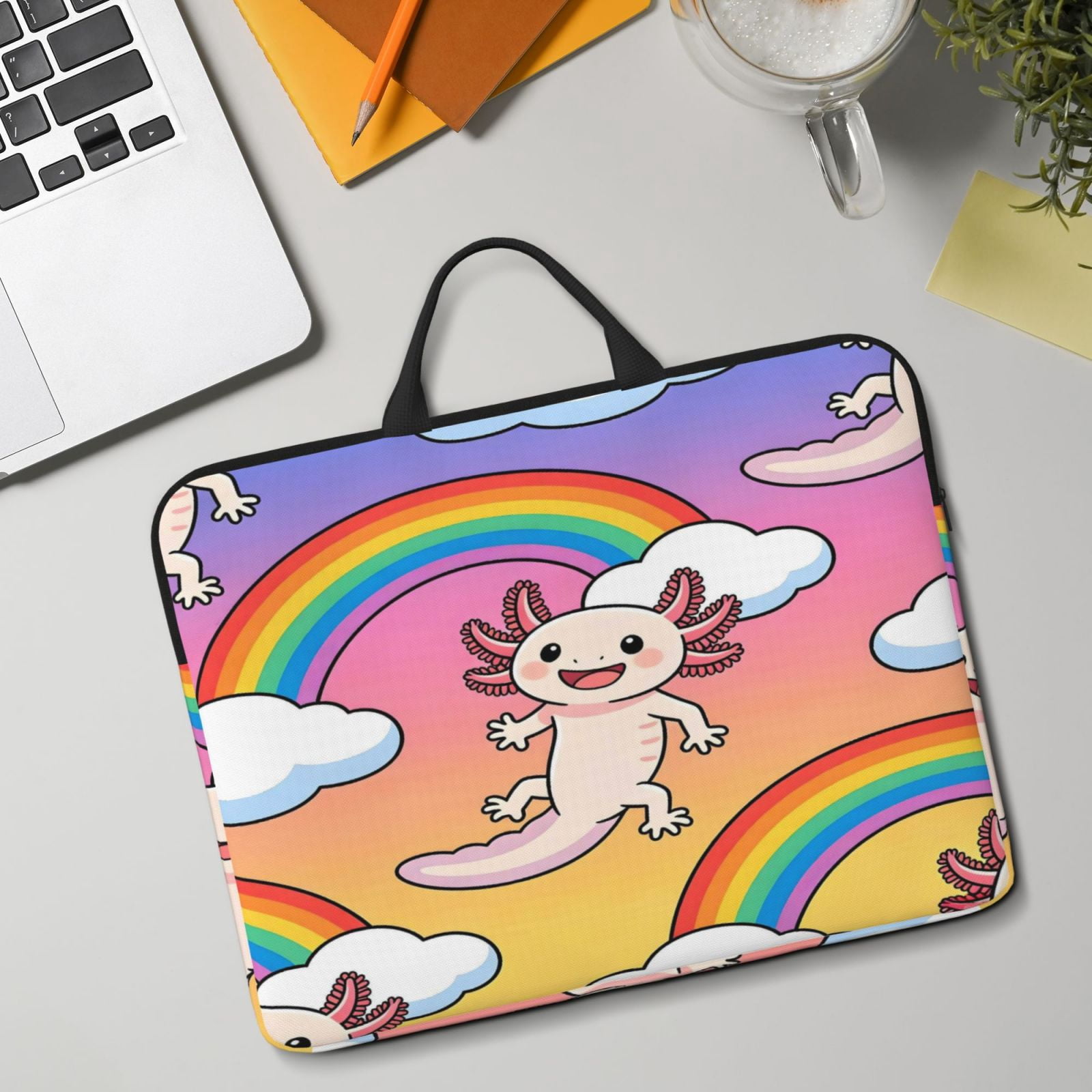 Laptop Sleeve Bag For Women Men 14inch Waterproof Durable Protective Computer Carrying Cover Handle Laptop Case Bag Rainbow Cloud Axolotl