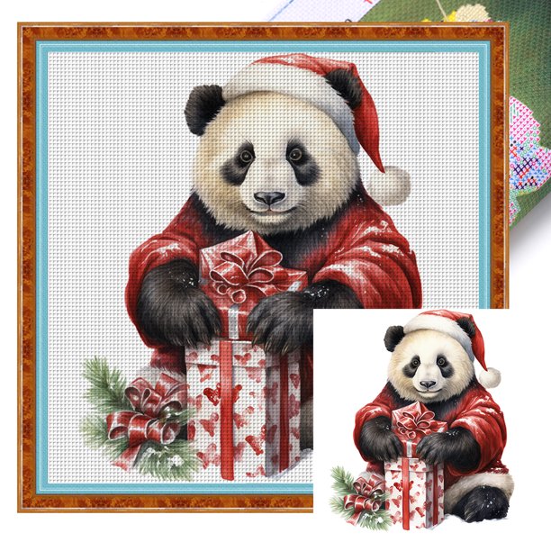 Hilo Algodón Bordado Punto Cruz Panda Navidad Impreso 11CT 40x40cm