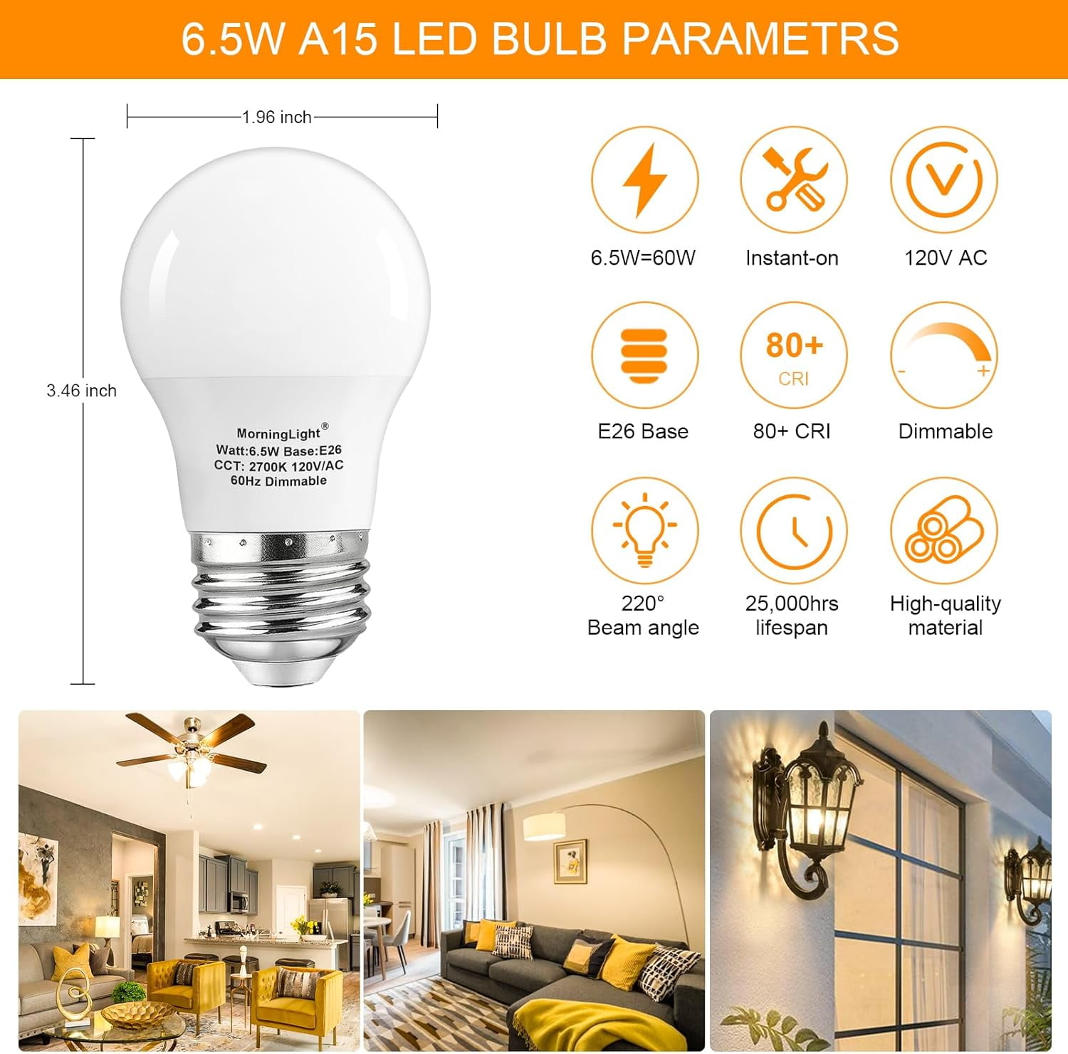 SHAANXIXIAN A15 Ceiling Fan Light Bulb 60 Watt Equivalent, 6.5W Dimmable LED Light Bulbs, 2700K Warm White, E26 Base, 4 Pack A15 LED Light Bulbs 60W for Pendant, Hallway Fixtures, 600LM