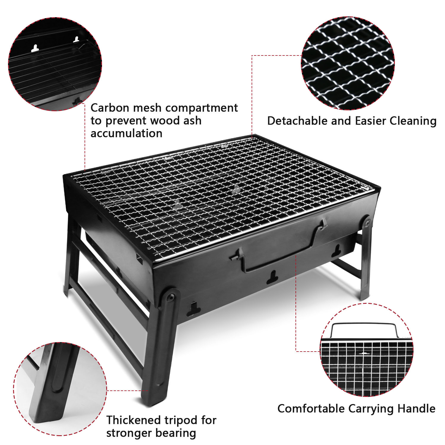 Htwon 13.7" Foldable BBQ Charcoal Grill, Portable Heavy Duty Barbecue Stainless Steel Tabletop Grill Stove with Handle Outdoor Camping Picnic Barbecue BBQ Accessories Tools - image 3 of 14