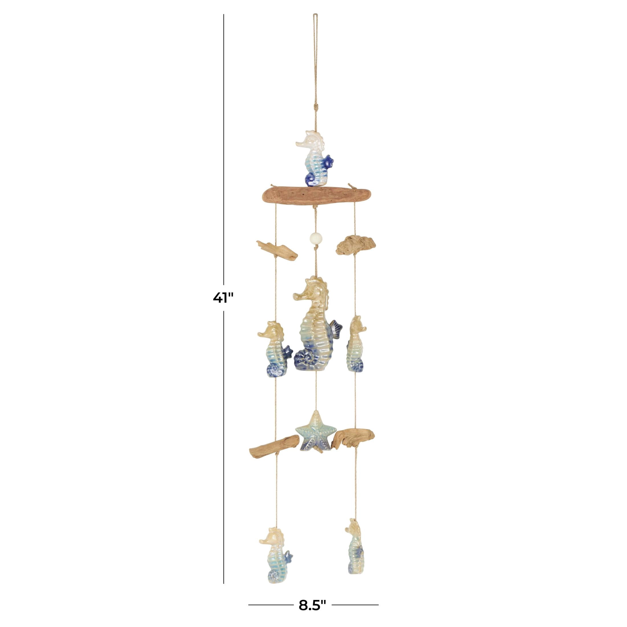 DecMode 41" Blue Ceramic Ombre Starfish Windchime with Driftwood and Hanging Starfish Accents