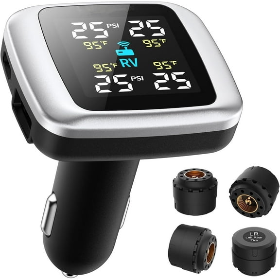 Wireless Tire Pressure Monitoring System with 4 External Sensors and 6 Alarm Modes, Color Display, Real-Time Tire Pressure Monitoring System, Ideal for RV SUV MPV Truck Sedan (0-87 PSI)