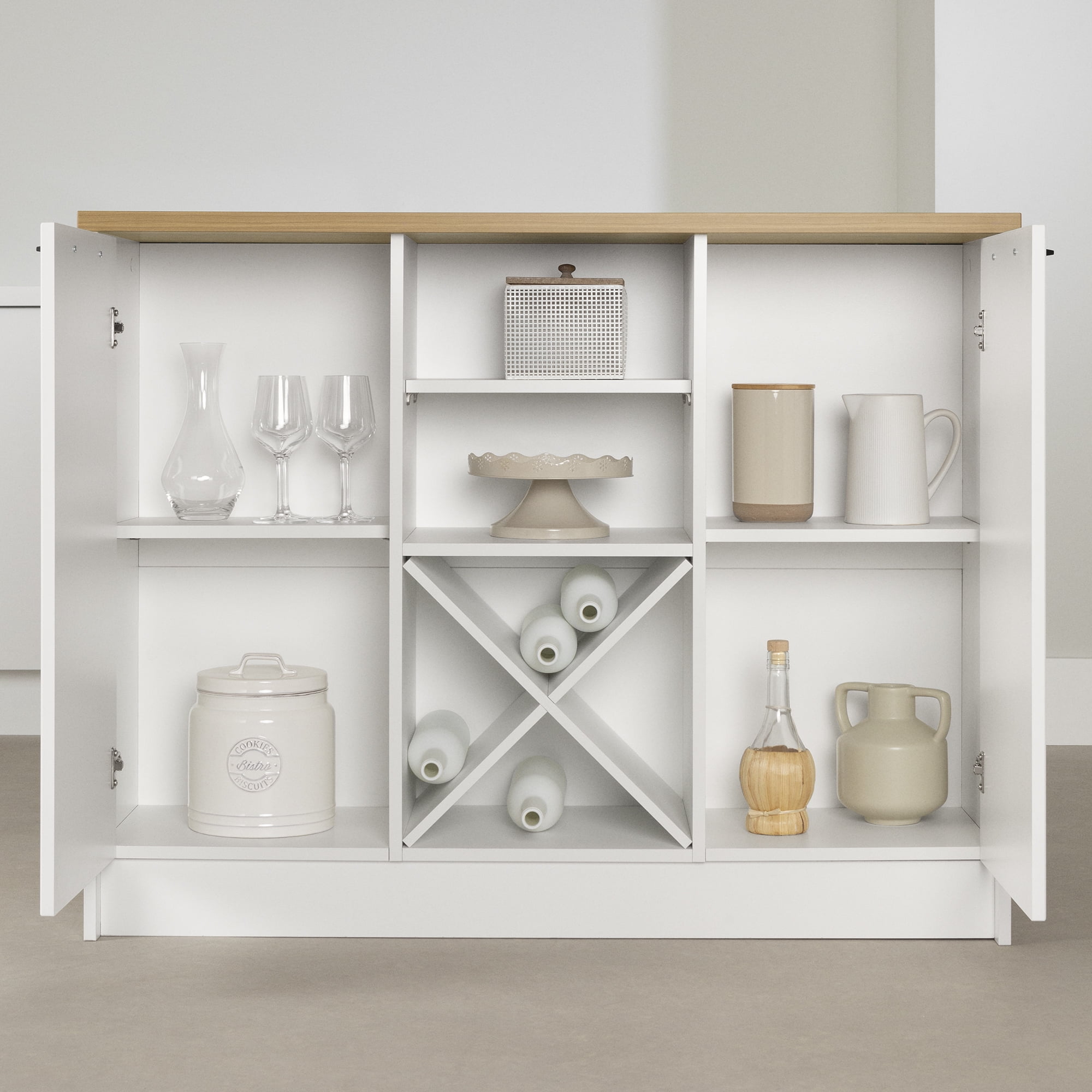 South Shore Toscano 6-Drawer Kitchen Island with Doors and Wine Storage, in White and Maple Nutmeg