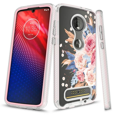 Moto Z4 Play Case, KAESAR Graphic Design Shockproof Impact Resistant Protective Full-Body Rugged Clear Hybrid Bumper Case for Motorola Moto Z Play 4th Generation (Pink Flower)