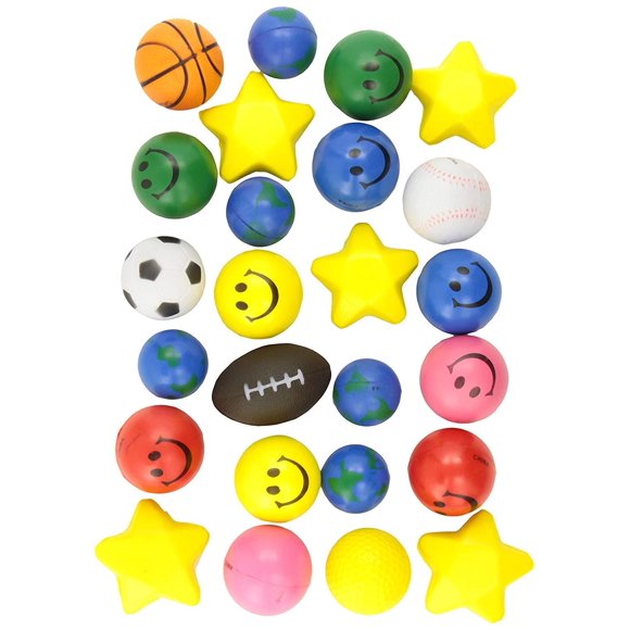 24 Balles Anti-Stress - Assortiment en Vrac de Jouets de Soulagement du Stress - Balles Anti-Stress de 2,5 Pouces, Visage Souriant, Globe, Balles de Sport, Cœurs et Étoiles pour Prix de Classe de Coffre au Trésor, Cadeaux de Fête Ou Tout Simplement Bec