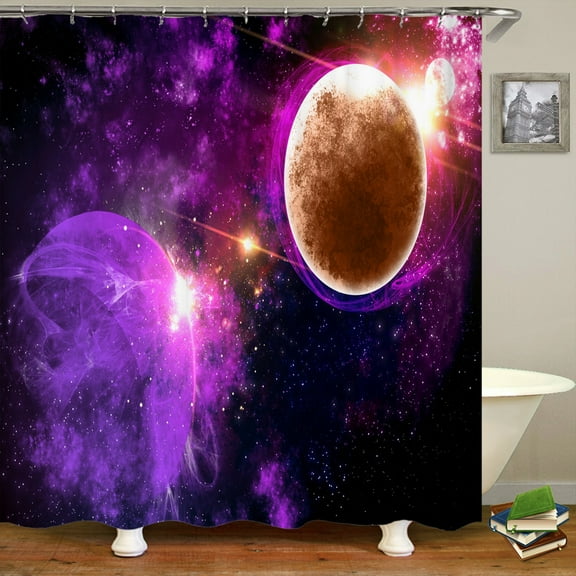 Full Moon Shower Curtain Ocean Landscape Starry Sky Waterproof Fabric Shower Cur