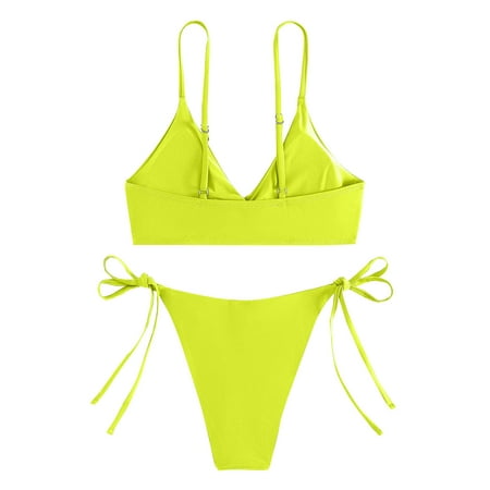 BSDJILFG Womens High Waisted Bikini 2-Piece Bathing Suit Solid Color Small Cups Balconette Bra String Thongs Underwear Summer Holiday Swimwear Beachwear Clearance