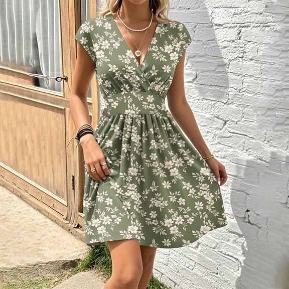 Vetsdori Womens Short Sleeve Mini Dresses Party Sundress Casual Floral Print,Tunic Pleated V-Neck Summer Dress for Ladies Beach