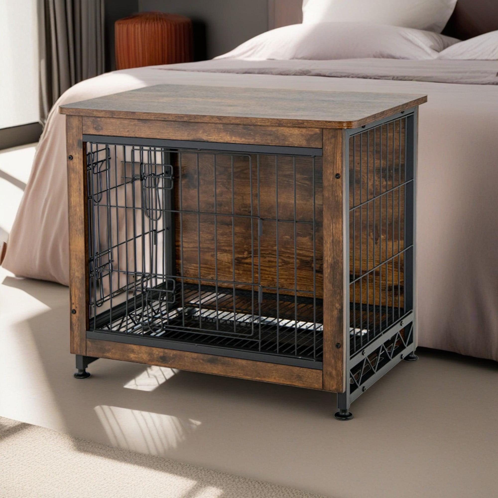 Kadyn 27" Dog Crates for Dogs with Tray and Double Door, Wood Indoor Dog Cages Furniture, Brown