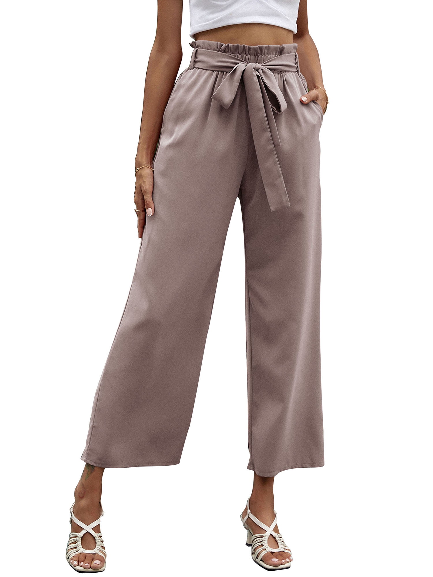 Women Palazzo Pants Trousers Dressy Gray Floral Wide Leg Relaxed Comfy Casual 