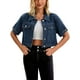 thumbnail image 1 of Chaqueta de mezclilla recortada de manga corta con botones y deshilachada para mujer INSPIRE CHIC, azul oscuro, XL, 1 of 6