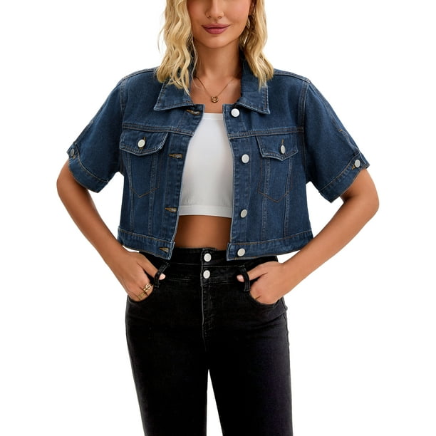 Chaqueta de mezclilla recortada de manga corta con botones y deshilachada para mujer INSPIRE CHIC, azul oscuro, XL