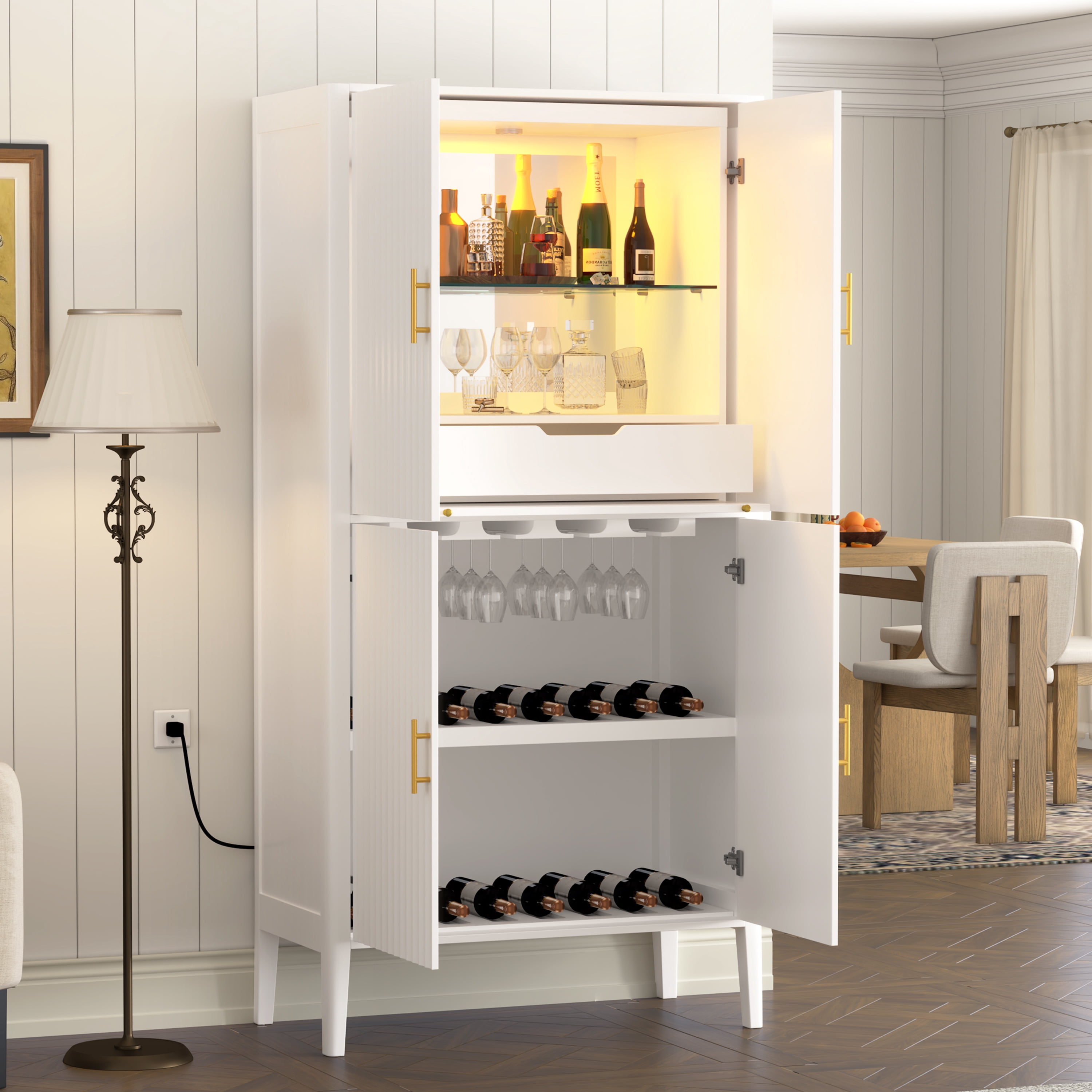 Mintazer 71" Tall Fluted Home Bar Wine Cabinet with 4 Door & Drawer, Modern LED Light Freestanding Storage Cabinet with Glass Rack & Adjustable Shelves for Dining Room Living Room, White
