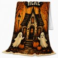 thumbnail image 2 of Haunted House Happy Haunts Phrase Halloween, Festive Halloween Scene, Warm Flannel Blanket for Living Room and Family Room, Art Lovers Halloween Gift, Festive Home Decor, 2 of 9