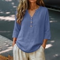 thumbnail image 2 of Womens Casual V Neck Blouse 3/4 Sleeves Summer Tops Loose Fit Linen Shirts Beach Vacation Clothes by Gbobgt Dark blue L, 2 of 6