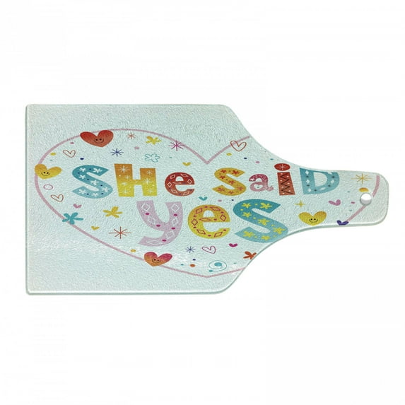 Engagement Party Cutting Board, Hippie Celebration Hearts Flowers Dots Rainbow Colored She Said Yes Words, Tempered Glass Cutting and Serving Board, Wine Bottle Shape, Multicolor, by Ambesonne