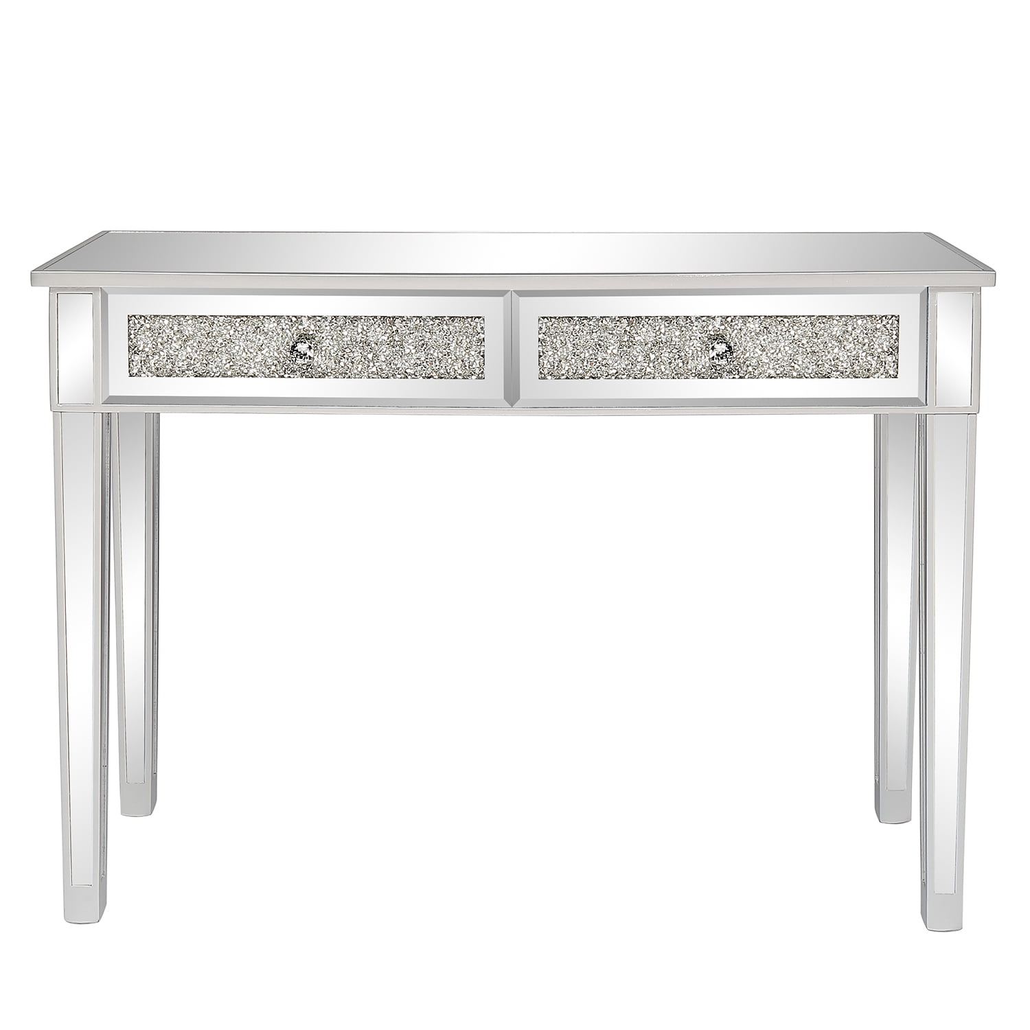 2-Drawer Modern Diamond-Embellished Mirrored Desk, Silver, 42 x 15 x 29.92 in
