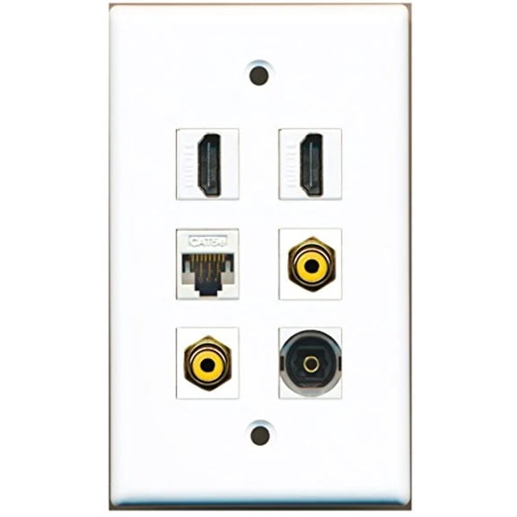 RiteAV - 2 HDMI 2 Port RCA Yellow 1 Port Toslink 1 Port Cat5e Ethernet White Wall Plate