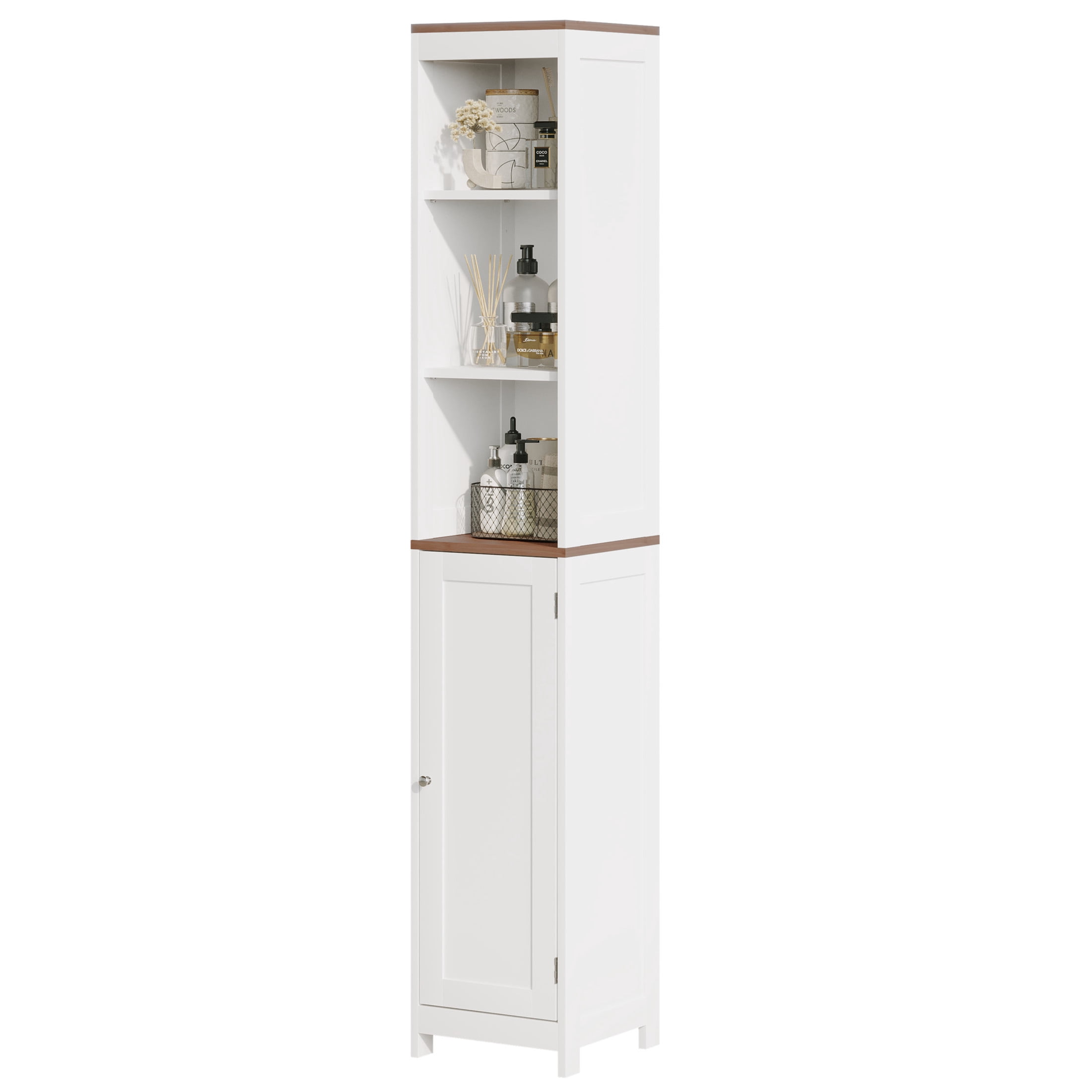 Noble House Tall Bathroom Storage Cabinet, Slim Freestanding Linen Tower with Reversible Door, Small Spaces, White