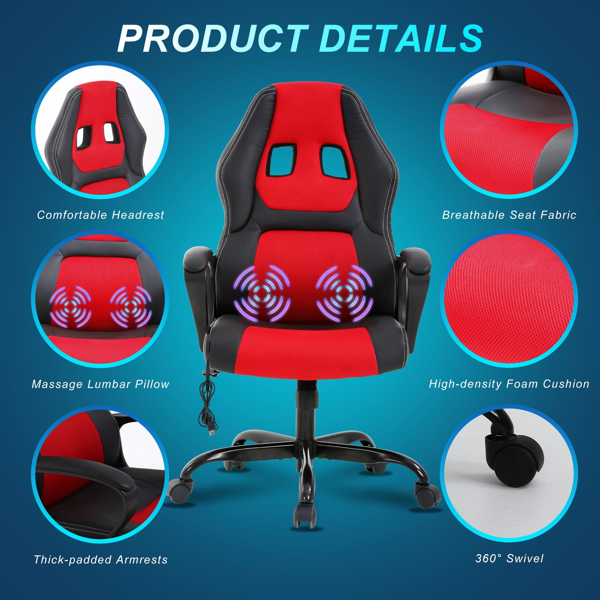 YRLLENSDAN Massage Gaming Chair Video Game for Adults, PU Leather Computer Chair with Arms & Massaging Back Ergonomic High-Back Video Game Chair for Men Women, Red