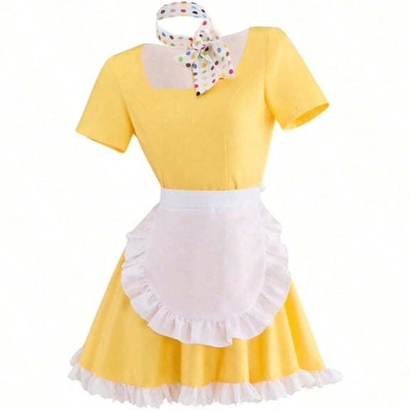 Women‘s Waitress Yellow Cute Maid Dress Fancy Waitress Dress with Apron Halloween Set for Adult