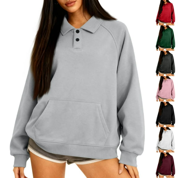yuCgh Women's Button-Up Collar Pullover Top with Pocket, Casual Long Sleeve Blouse, Soft Cotton Blend, Fashion Everyday Wear for Women,Black L