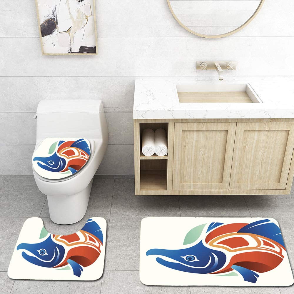 PUDMAD Haida Style Salmon Icon 3 Piece Bathroom Rugs Set Bath Rug