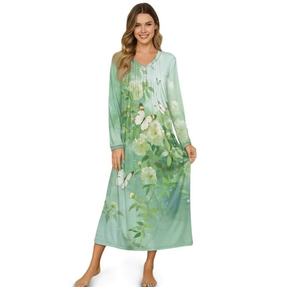 FUIALDOLG Long Nightgowns for Women Butterfly Green Flower Print Soft Night Gown Long Sleeve Ladies Nightgowns Sleepwear Full Length Sleep Dress, 3X Large