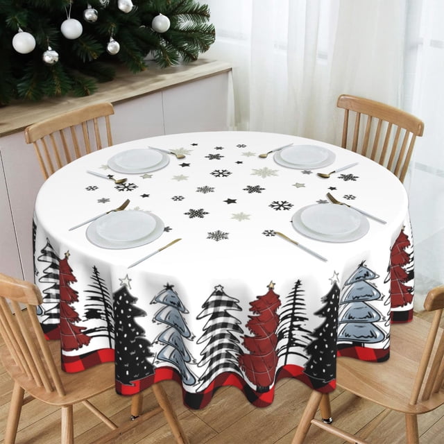 Mantel redondo JYKCUL, 152 cm, con forma de árbol de Navidad, diseño de búfalo, a cuadros