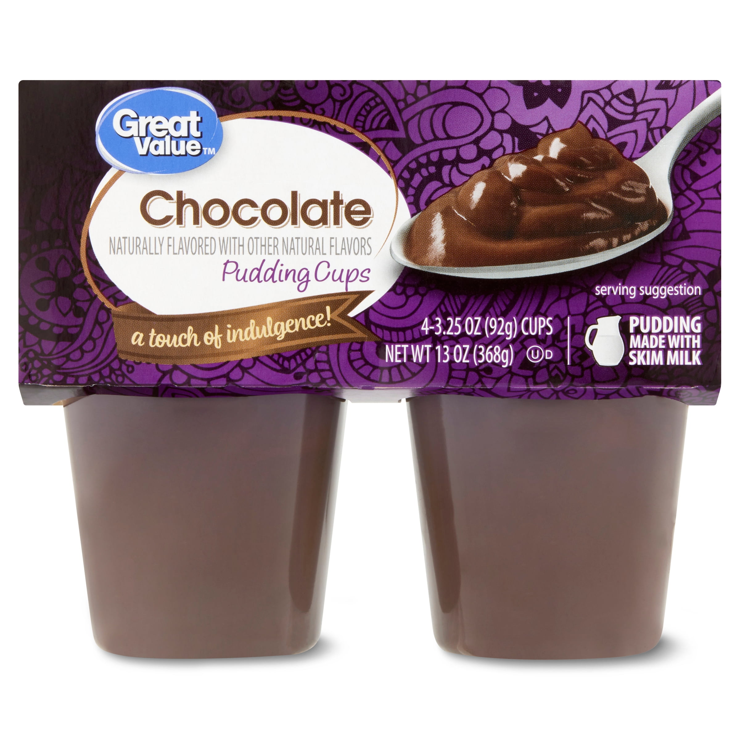 Great Value Chocolate Pudding Cups, 3.25 Oz, 4 Count