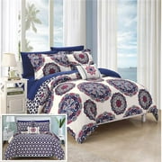 Chic Home CS4022-US Hilda Super Soft Microfiber Printed Medallion Reversible Geometric Printed Backing Bed in a Bag Comforter Set with Sheets - Navy - Large, Full & Queen - 8 Piece