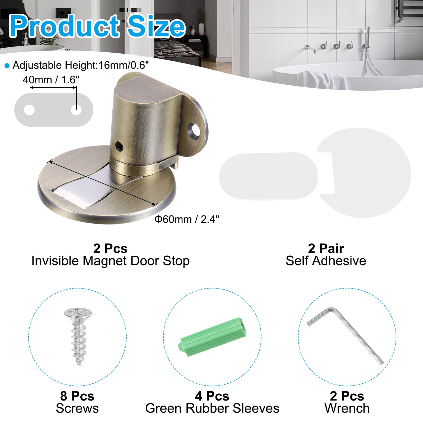 Invisible Adjustable Magnet Door Stop with Self Adhesive & Screw Mount, Bronze 2 Pack