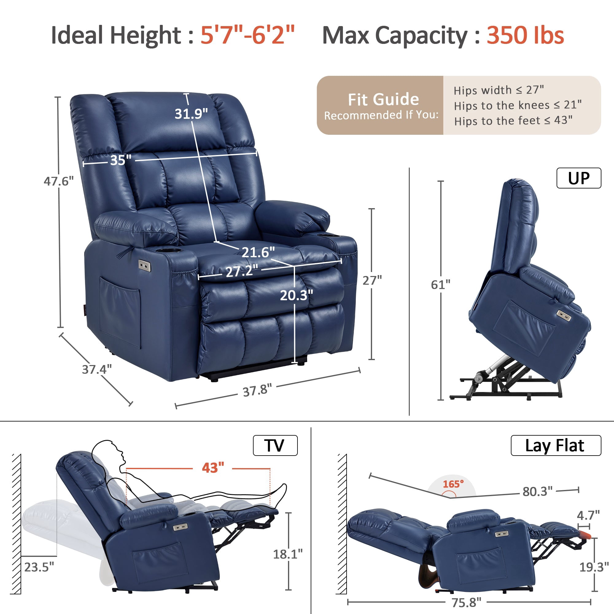 MCombo Oversized Dual Motor Power Lift Recliner Chair for Big Tall Elderly, Infinite Position, Faux Leather, Blue
