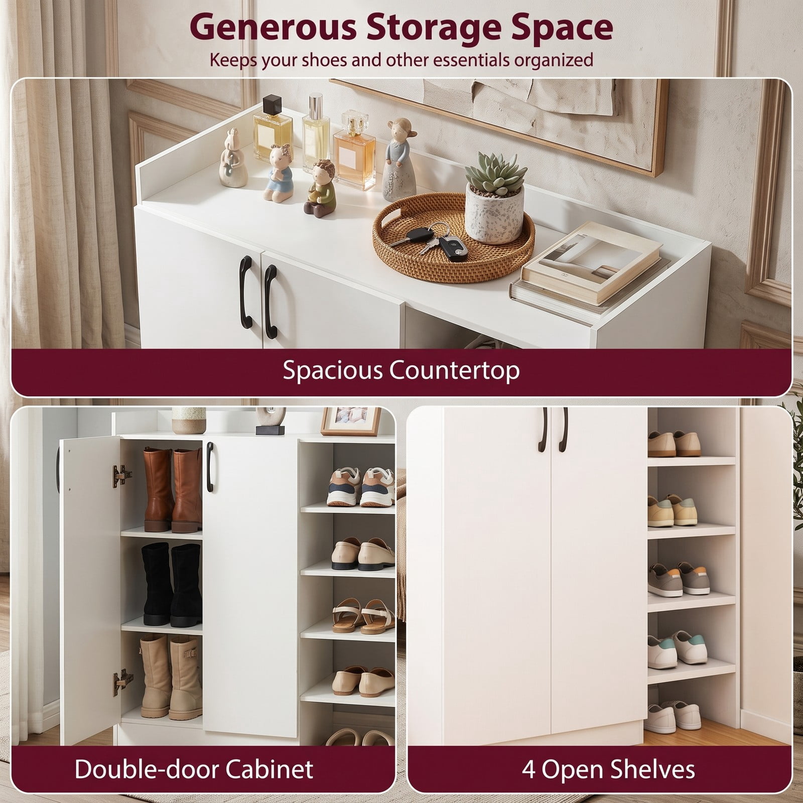Furnibear 2-Door Shoe Cabinet with 2 Adjustable Inner Shelves and Open Side Shelves for Entryway Closet and Living Room, White