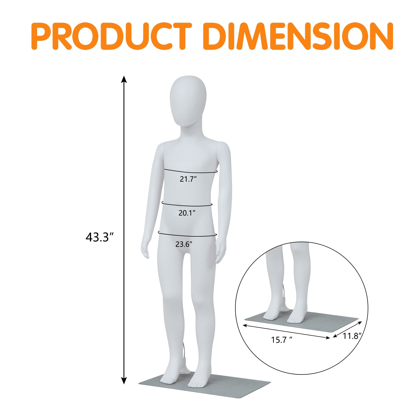 Kinbor Kid Mannequin Full Body, 43.3Inch Child Mannequin with Adjustable Metal Base for Window Display, White