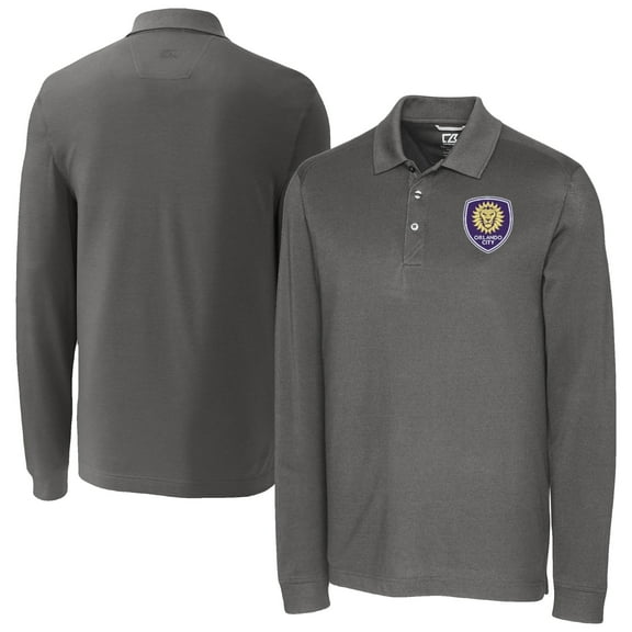 Men's-Cutter & Buck  Gray Orlando City SC Advantage Eco Tri-Blend Pique Long Sleeve Polo