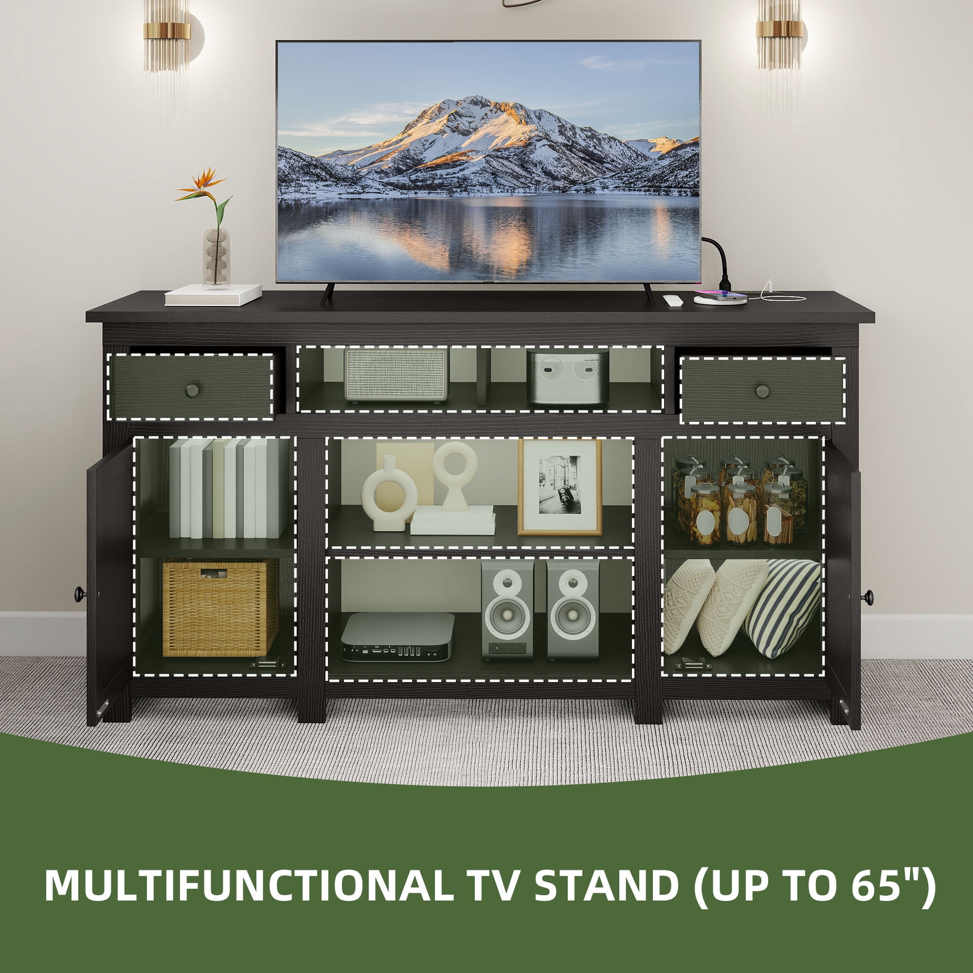 Uforic 59" Farmhouse TV Stand with Storage for Living Room, Entertainment Center for up to 65" TV, Black