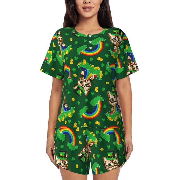 Fotbe Cat St Patrick's day Conjunto de Pijama Estampado para Mujer, 2 Piezas, Ropa de Dormir con Camiseta de Manga Corta y Shorts Suaves-3X-Large