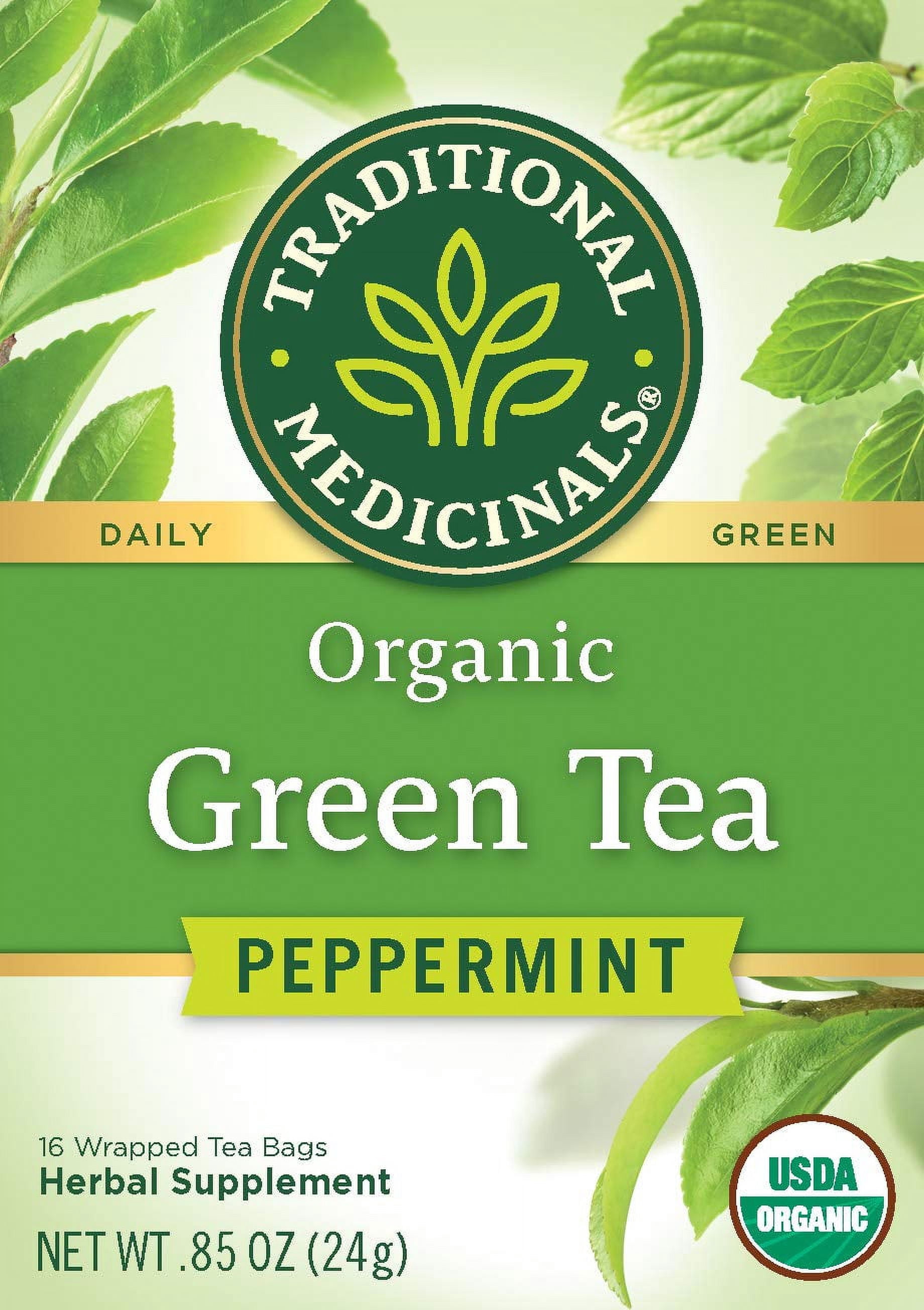 (6 pack) TRADITIONAL MEDICINALS Organic Green Tea Peppermint 16 BAGS