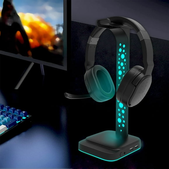 Dvkptbk RGB Gaming Headphones Stand, Headset Stand with 3.5mm AUX and 2 USB Charging Ports, Desk Gaming Headset Holder with Rubber Base Headphone Holder Game Accessories on Clearance