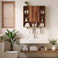 thumbnail image 4 of WIRRYTOR Modern Boho Wall Mounted Bathroom Cabinet with Arched Doors, Medicine Cabinet Kitchen Wall Storage Organizer with Towel Bar, 5 Hooks, Walnut, 4 of 9