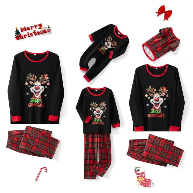 Pijamas familiares a juego con estampado de alces navideños, camiseta de manga larga y pantalón a cuadros elástico. Conjunto ideal para estar en casa o dormir. Pijama suave.