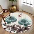 thumbnail image 3 of Teal Blue Floral Round Rugs 5ft, Vintage Rustic Botanical Beige Wooden Non Slip Washable Rug Runner, Low Pile Indoor Floor Carpet Mat Bathroom Rugs for Living Room, Bedroom, Kids Room, 3 of 9